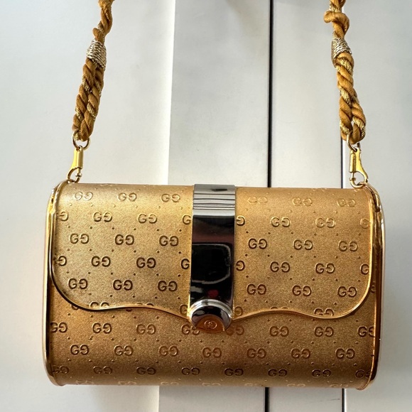 Gucci Handbags - GUCCI Vintage Gold GG Minaudiere 2-Tone Hardcase Clutch Italy